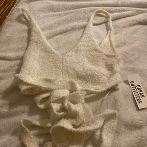 Urban outfitter white fuzzy wrap around crop top